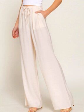 Cream Wide Leg Drawstring Linen Blend Pants M Active Basic/Ali &amp; Jay NWT